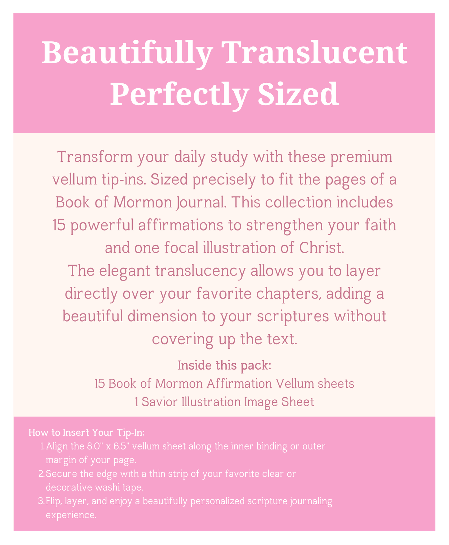 Book of Mormon Journal Tip-Ins. Affirmation Vellum Inserts. 16-Piece Set