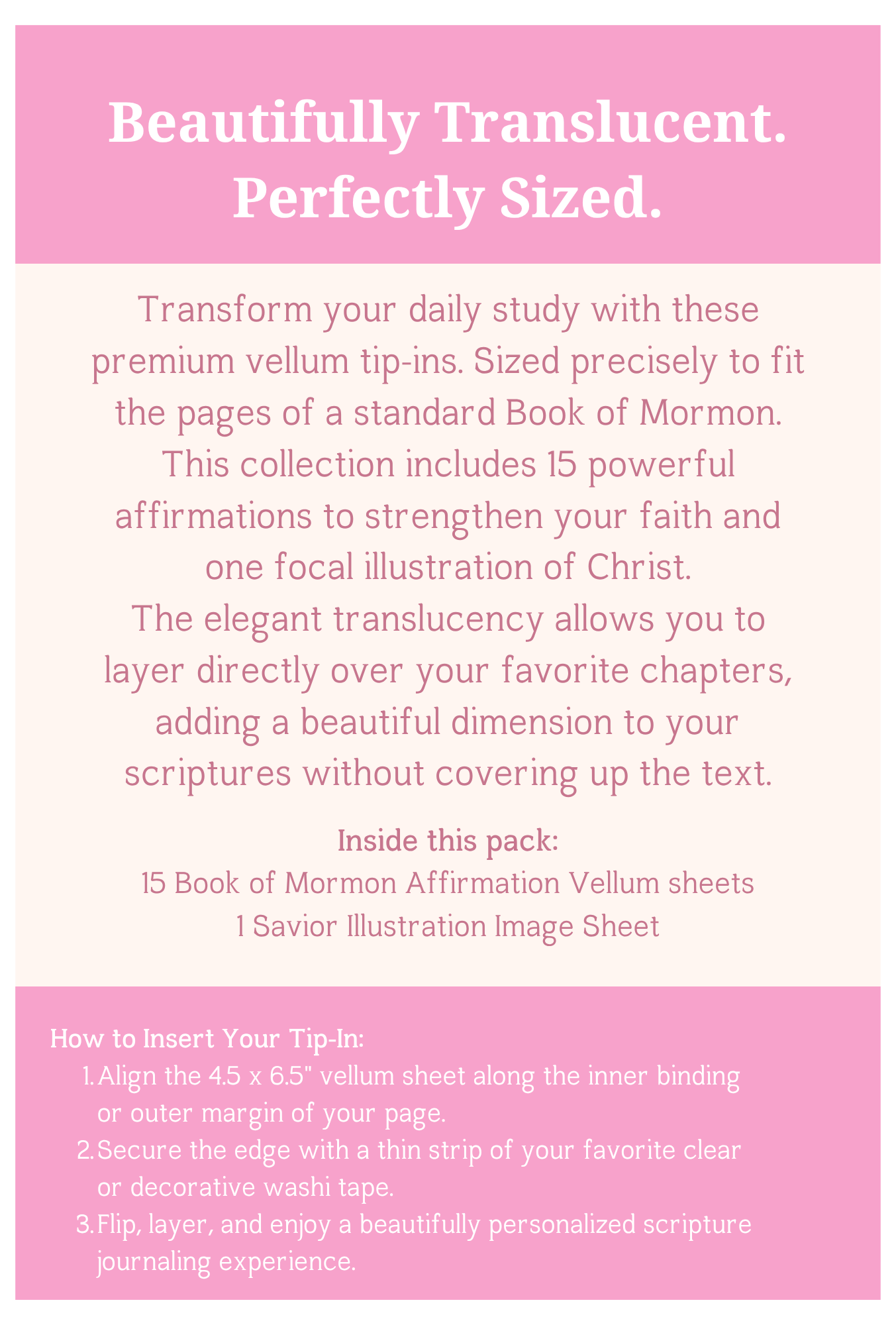 Book of Mormon Tip-Ins. Affirmation Translucent Vellum Inserts. 16-Piece Set