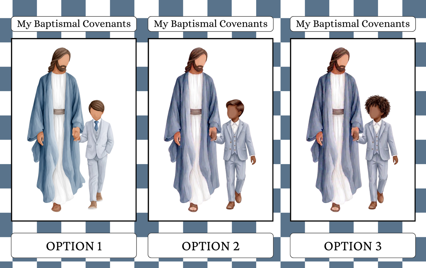 A product listing graphic showing three options for baptismal covenants, labeled OPTION 1, OPTION 2, and OPTION 3. Each option features an illustration of Jesus Christ and a child holding hands, dressed in traditional robes or suits.