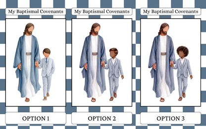A product listing graphic showing three options for baptismal covenants, labeled OPTION 1, OPTION 2, and OPTION 3. Each option features an illustration of Jesus Christ and a child holding hands, dressed in traditional robes or suits.