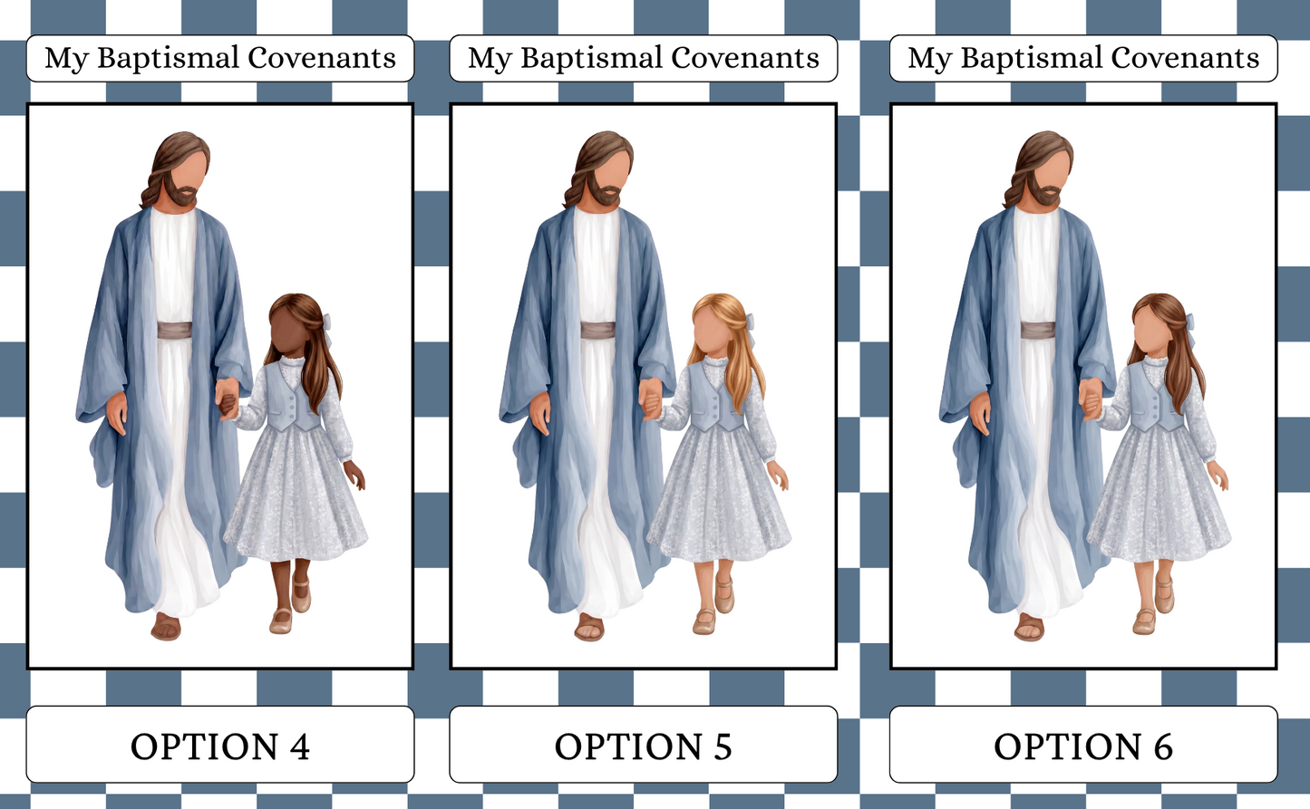 A printed or digital preview sheet showing three vertical panels labeled 'My Baptismal Covenants' with illustrated figures of a man and a child, labeled 'OPTION 4', 'OPTION 5', and 'OPTION 6' on a blue-and-white checkered background.