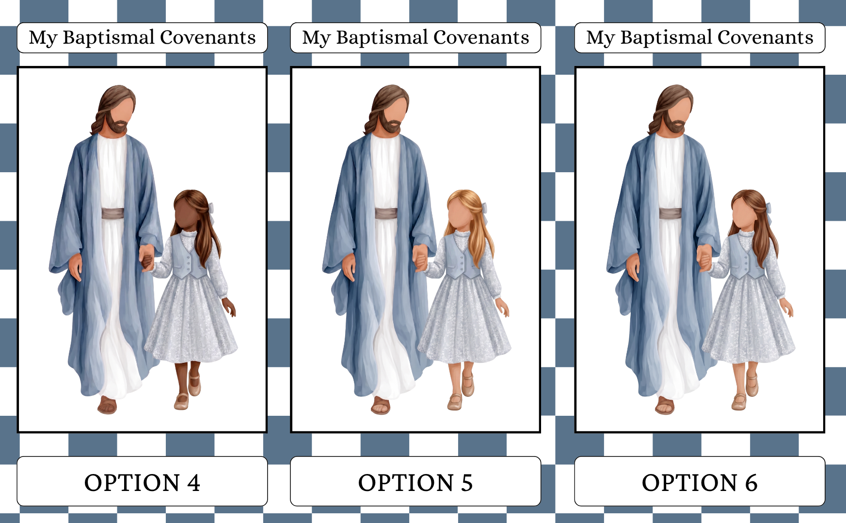 A printed or digital preview sheet showing three vertical panels labeled 'My Baptismal Covenants' with illustrated figures of a man and a child, labeled 'OPTION 4', 'OPTION 5', and 'OPTION 6' on a blue-and-white checkered background.