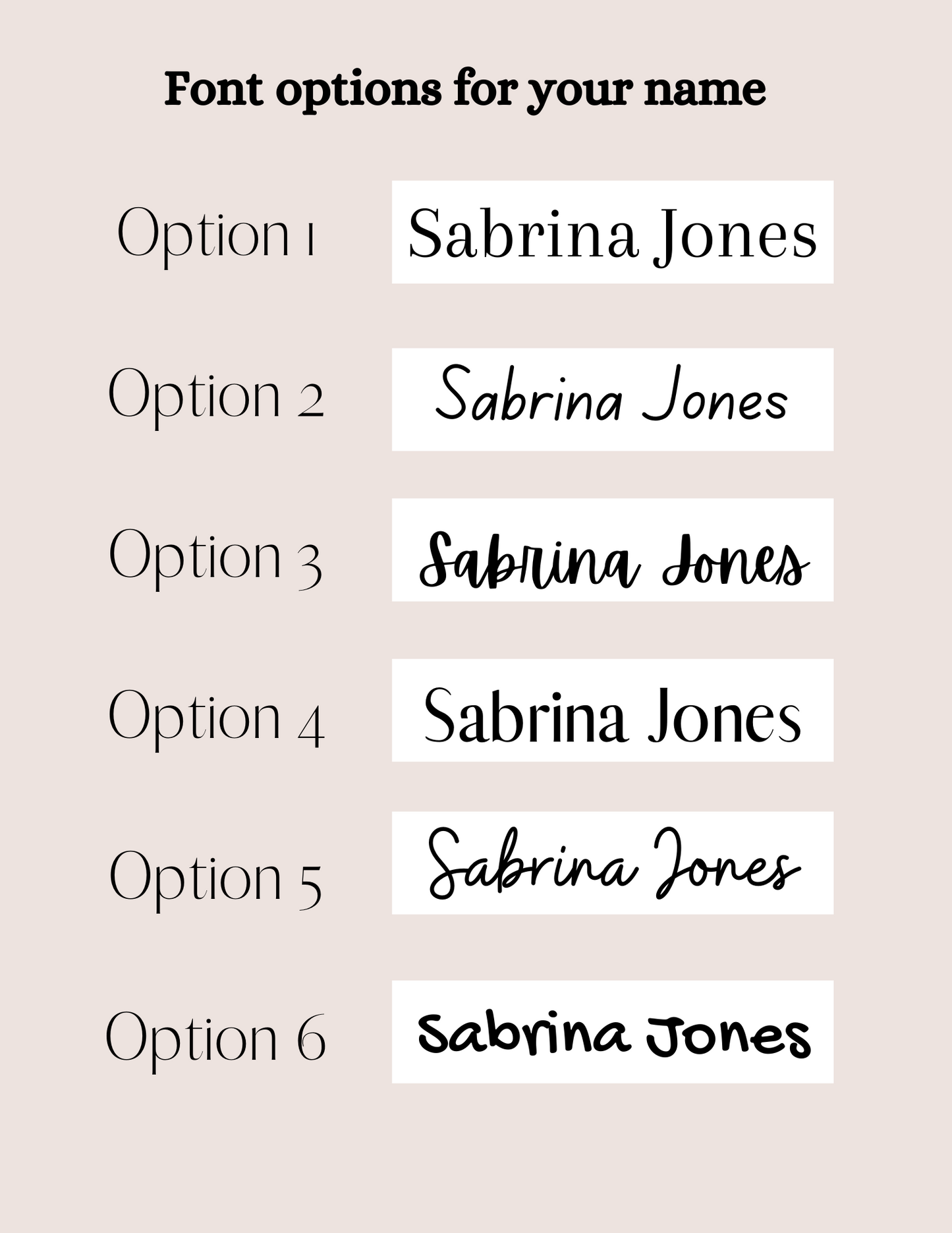 Various font options for the name 'Sabrina Jones' on a beige background
