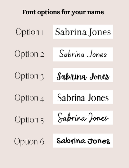 Various font options for the name 'Sabrina Jones' on a beige background