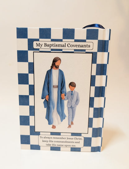 Back of a Book of Mormon titled "My Baptismal Covenants" with a blue-and-white checkered border and an illustration of Jesus and a child on the front, photographed against a plain light background.