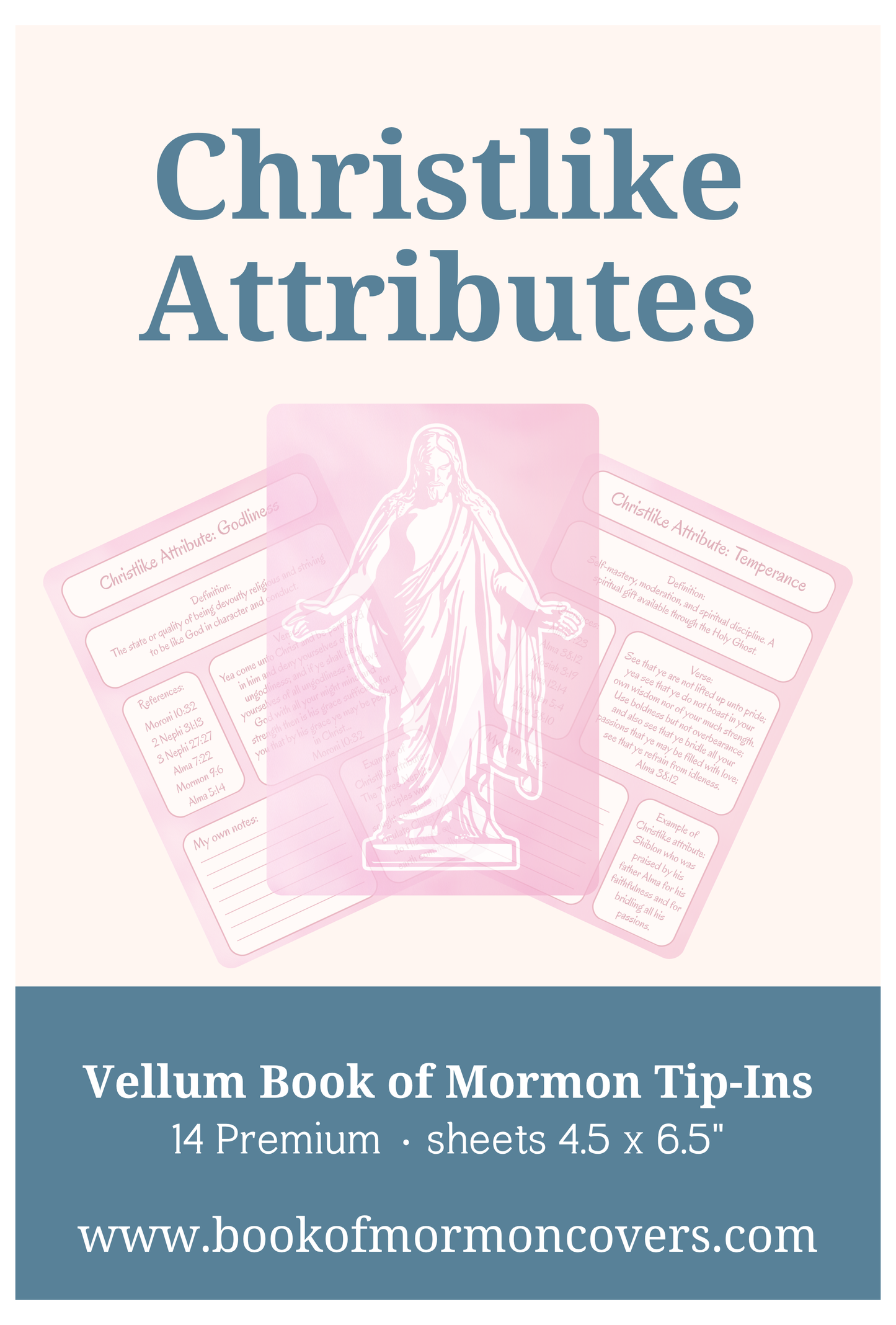 Book of Mormon Tip-Ins. Christlike Attributes Vellum inserts. 14-Piece Set (pink)