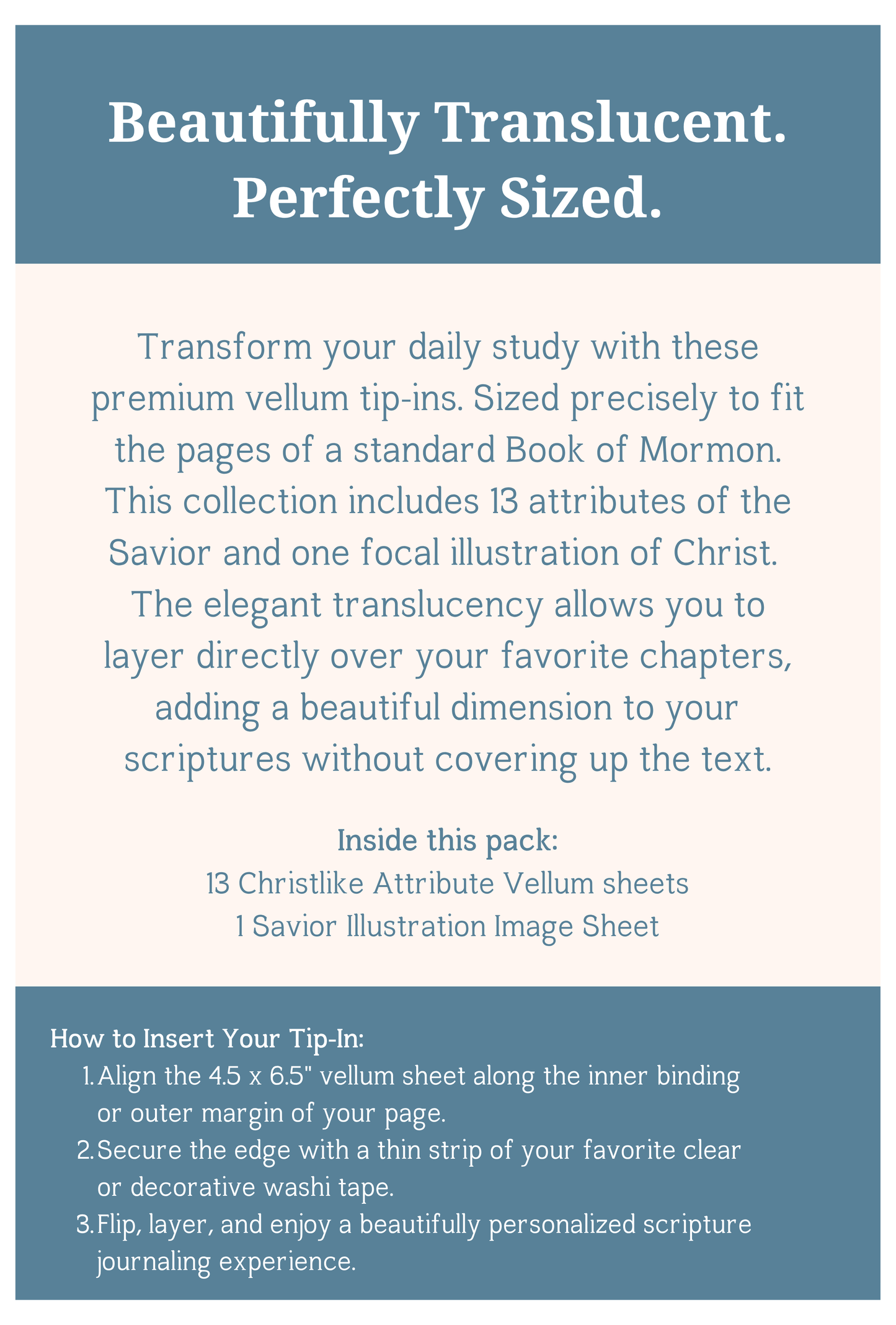 Book of Mormon Tip-Ins. Christlike Attributes Vellum inserts. 14-Piece Set