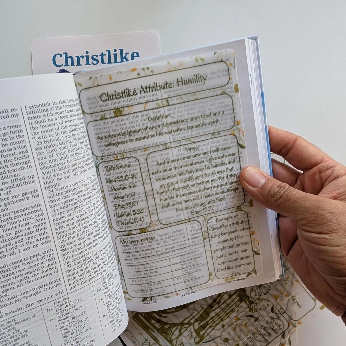 A hand holding an open book of Mormon. Inside of it a vellum sheet is shown with Christlike attributes: humility. 