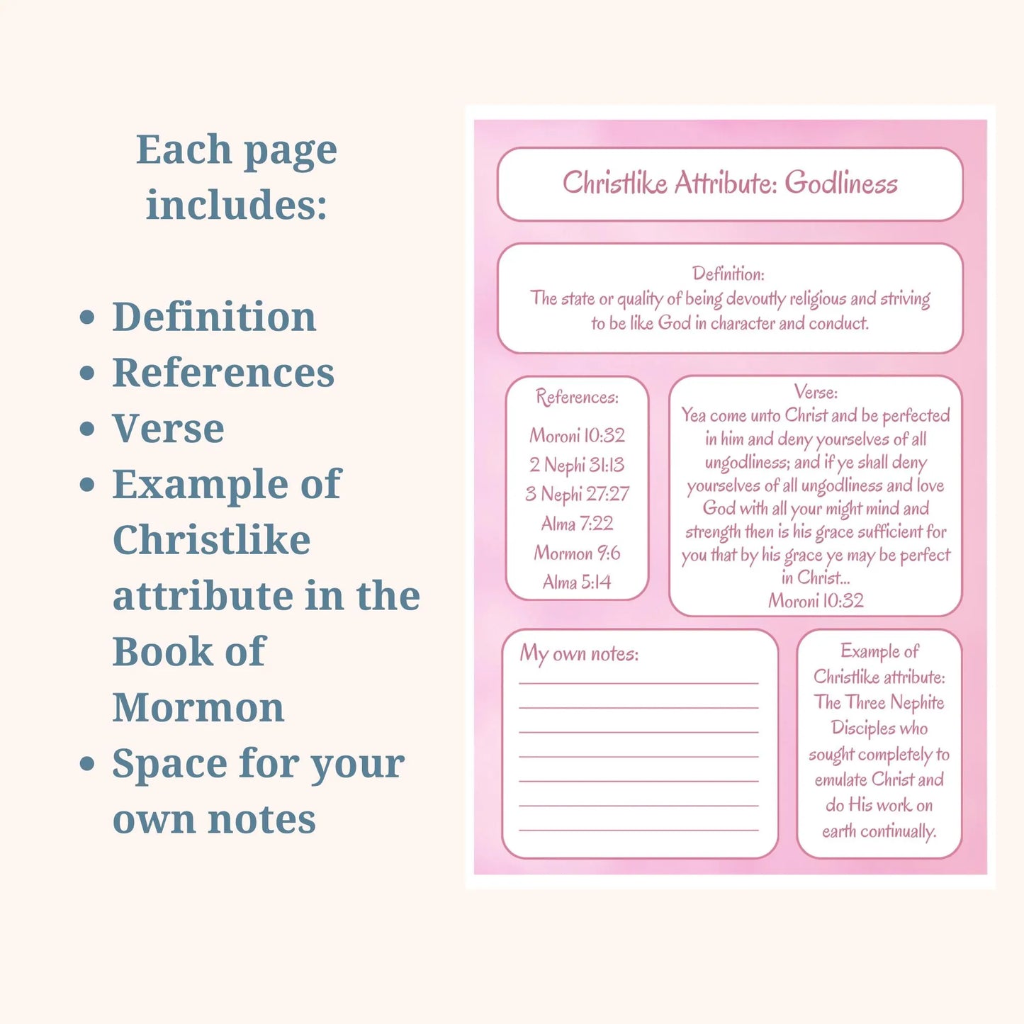 Book of Mormon Tip-Ins. Christlike Attributes Vellum inserts. 14-Piece Set (pink)