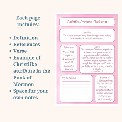 Book of Mormon Tip-Ins. Christlike Attributes Vellum inserts. 14-Piece Set (pink)