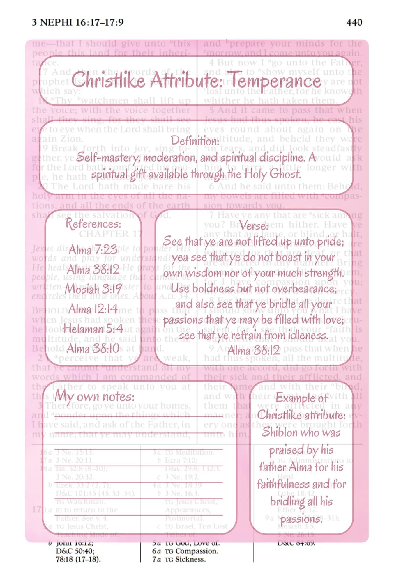 Book of Mormon Tip-Ins. Christlike Attributes Vellum inserts. 14-Piece Set (pink)